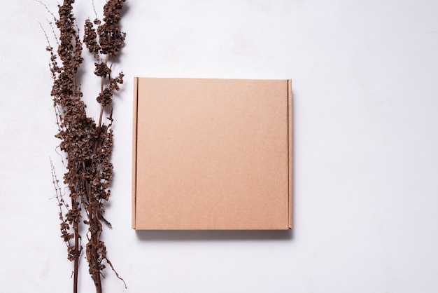 Brown carton cardboard box decorated with dried branch mock up