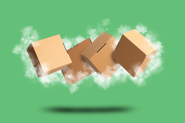 Brown Carton Cardboard box flying with clouds on green background