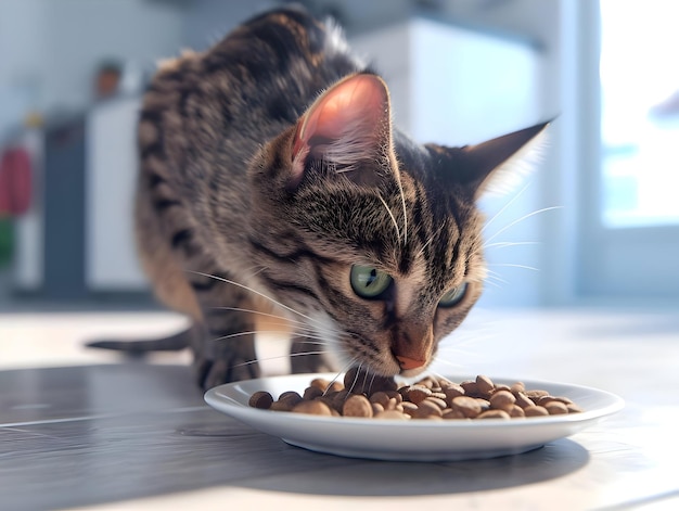 A brown cat eats cat food in a light bright room High quality