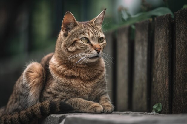 Brown cat is perched on the fence39s wall on a patch of green grass and gray asphalt