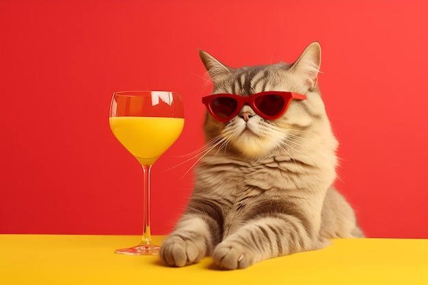 Brown cat in sunglasses with orange juice on the red background generated by AI