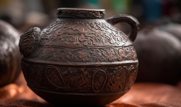 A brown ceramic teapot with a design on the front.