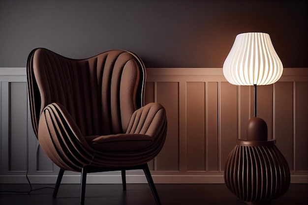 A brown chair with a white lamp shade next to it.