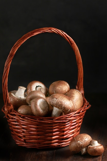 brown champignons in a basket