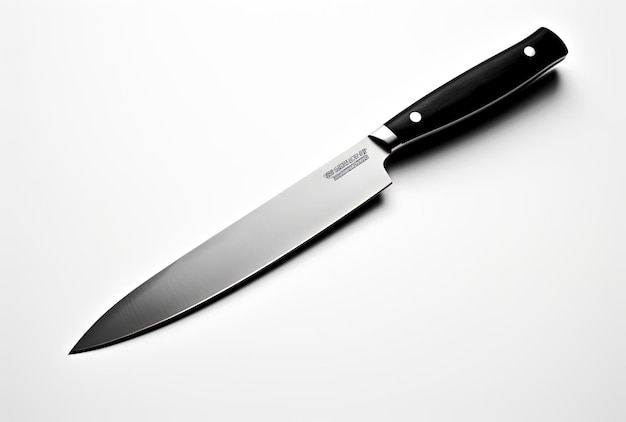 a brown chef knife on a white surface in the style of aluminum