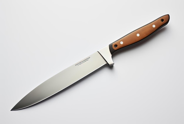a brown chef knife on a white surface in the style of aluminum