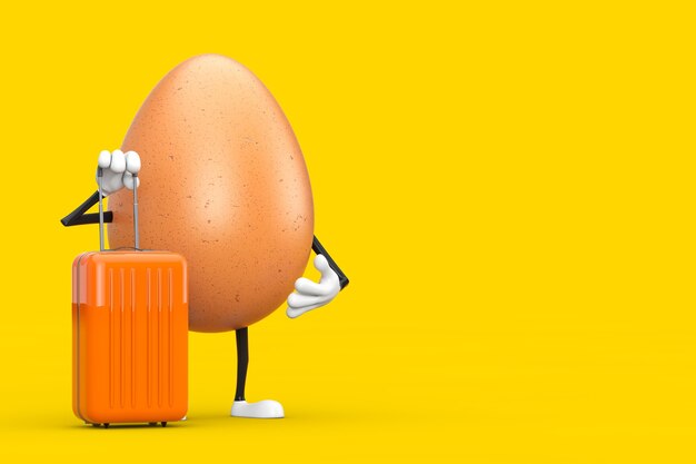 Brown Chicken Egg Person Character Mascot met oranje reiskoffer op een gele achtergrond. 3D-rendering