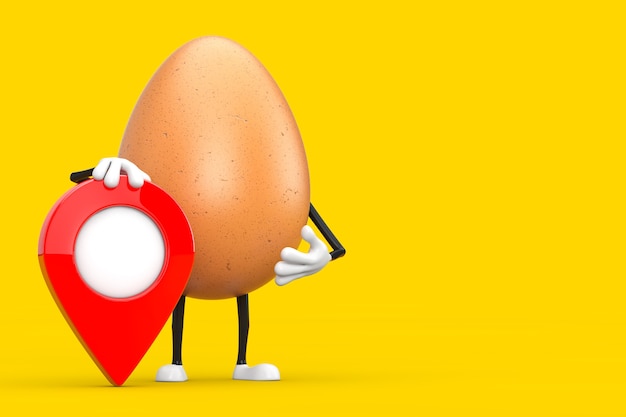 Brown Chicken Egg Person Character Mascot met Red Map Pointer Target Pin op een gele achtergrond. 3D-rendering