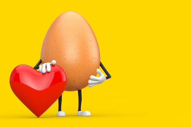Brown Chicken Egg Person Character Mascot met rood hart op een gele achtergrond. 3D-rendering