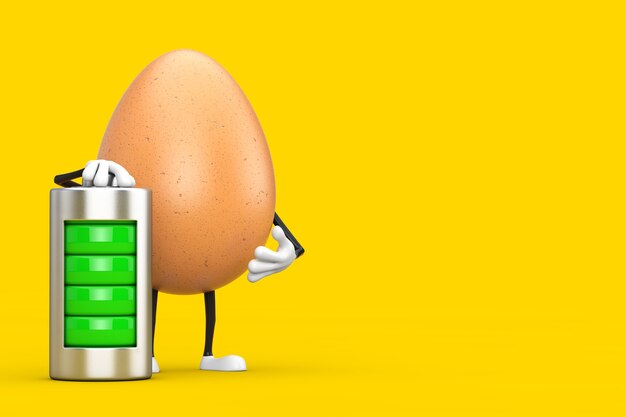 Brown chicken egg person character mascot with abstract charging battery on a yellow background. 3d rendering