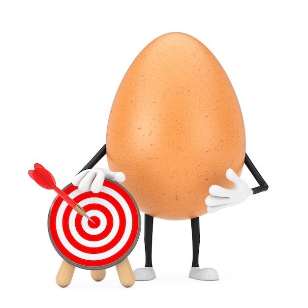 Brown Chicken Egg Person Character Mascot with  Archery Target and Dart in Center on a white background. 3d Rendering