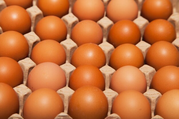 Brown chicken eggs are in a cardboard tray