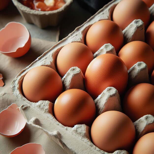 Brown chicken eggs are in a paper tray There is one brown egg that is broken in half