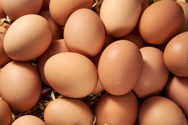 Brown chicken eggs close-up, organic protein of natural origin