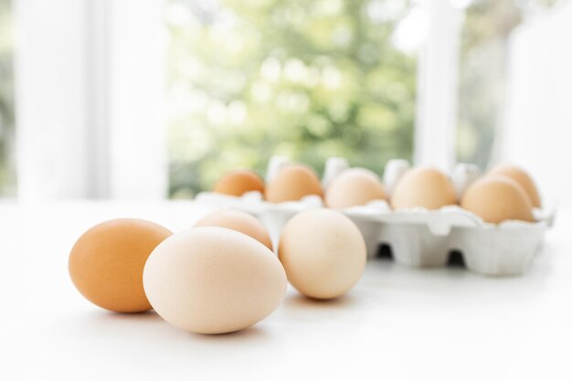 brown chicken eggs on green nature background