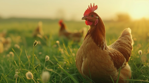 brown chicken farming and agriculture on grass field or outdoor chicken or hen on a green meadow c
