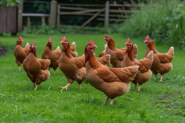 brown chicken farming and agriculture on grass field or outdoor chicken or hen on a green meadow c