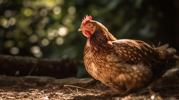 A brown chicken sits on a log in the woods.