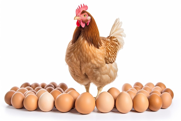 Brown chicken with eggs isolated on a white background