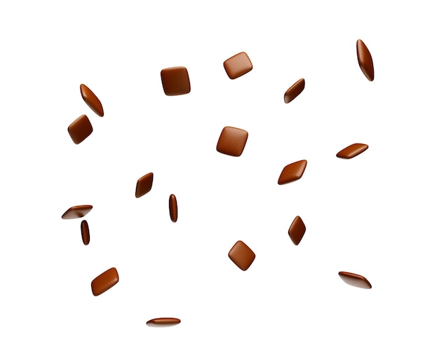 Photo brown chocolate coated candies square shape flying in the air 3d illustration