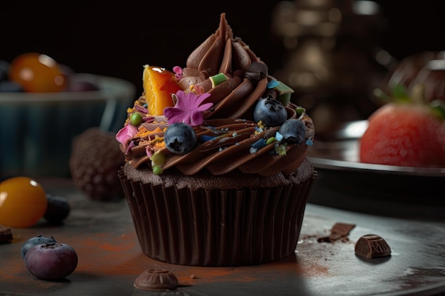 茶色のチョコレートのカップケーキ色のカップケーキ暗い背景においしいカップケーキ抽象的な生成 AI イラスト