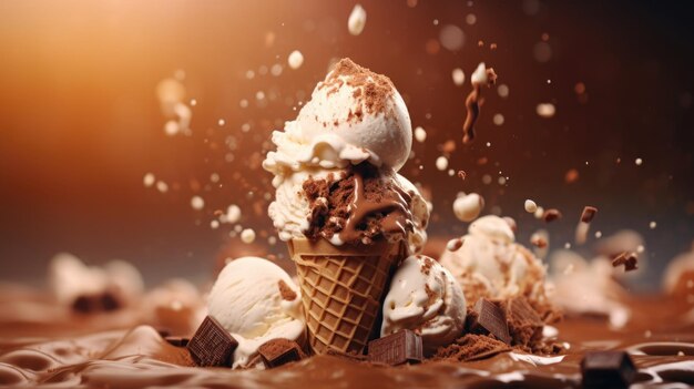 茶色のチョコレートアイスクリーム 溶けた成分 デザート 背景食品