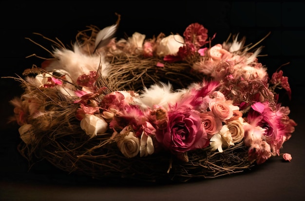 A brown circle nest covered in pink flowers