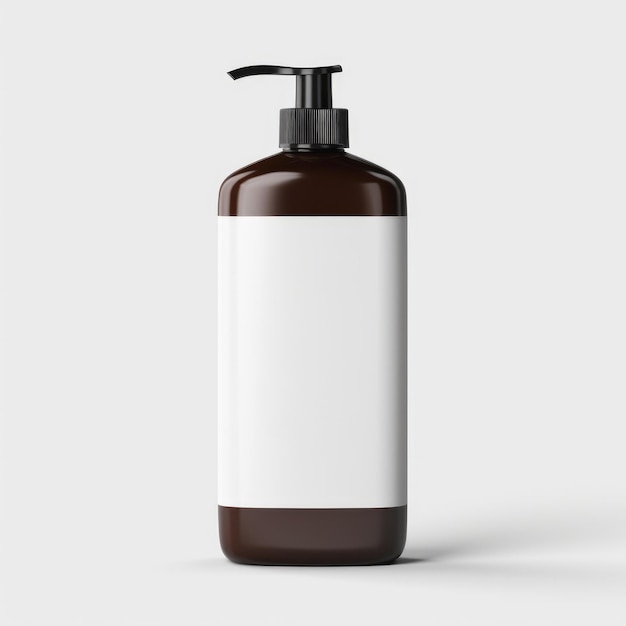 Photo brown cleansing shampoo bottle with white label template on bottle on white background