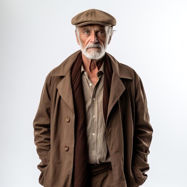 Brown clothes old man on white background isolated high q