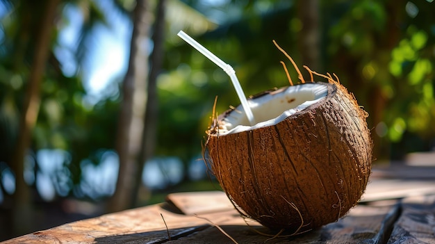 Brown coconut by the beach open with fresh coconut water to cool down in the heat