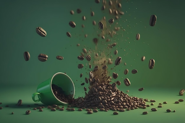 Foto chicchi di caffè marroni che piovono nell'aria su sfondo di studio di colore verde creato dall'intelligenza artificiale