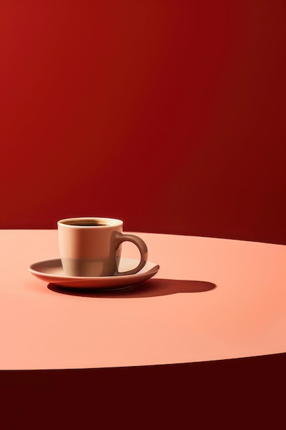 brown coffee cup on a peach and dark brown background