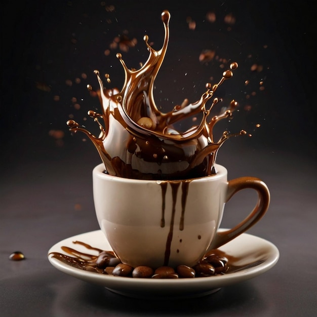 Brown coffee droplets fly around a cup in a chaotic yet artistic splash