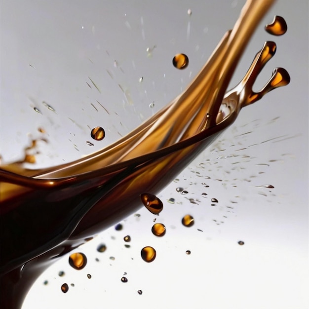 Brown coffee droplets fly around a cup in a chaotic yet artistic splash