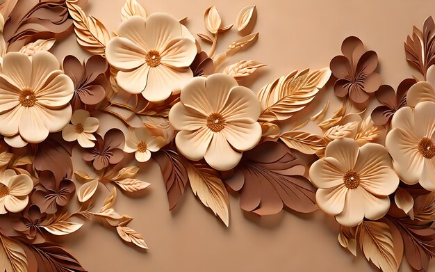 Photo brown color 3d wall leaf flower leaf background wallpaper