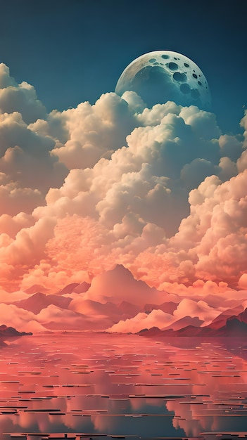 Коричневый пейзаж облачного неба в стиле цифрового искусства с лунными обоями