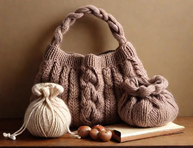 brown color knitted bag brown background brown light AI generated