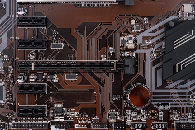 Brown color motherboard top view, computers and electronic theme