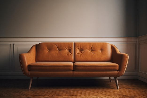 A brown couch in a living room with a white wall behind it.