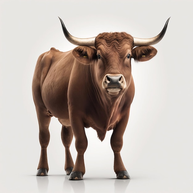 A brown cow with horns is standing in front of a gray background.