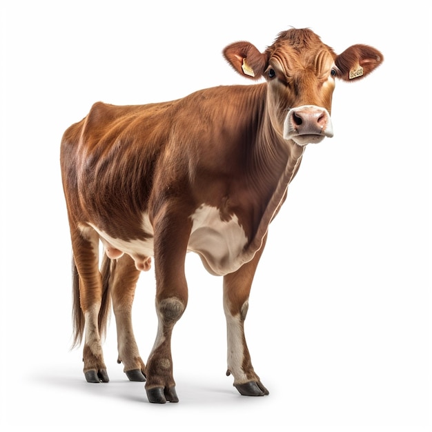 Коричневая корова с биркой на ухе стоит на белом фоне.