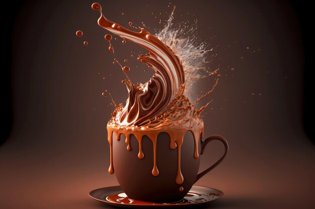 Brown cup of hot chocolate with flowing drops and chocolate splash created with generative ai