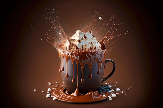 Brown cup of hot chocolate with marshmallows and chocolate splash created with generative ai