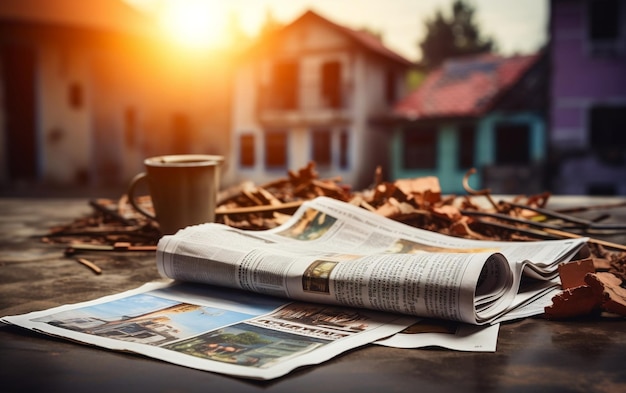 Brown Cup and Newspaper in Front of House Generative AI