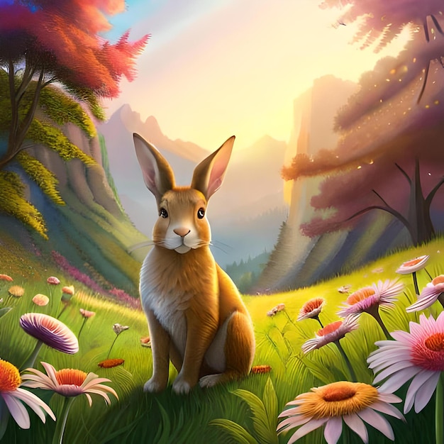 A Brown cute Rabbit sitting in a flower garden with so many colors 01