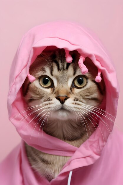 Brown Cute Tabby Cat Wearing Pink Showercap