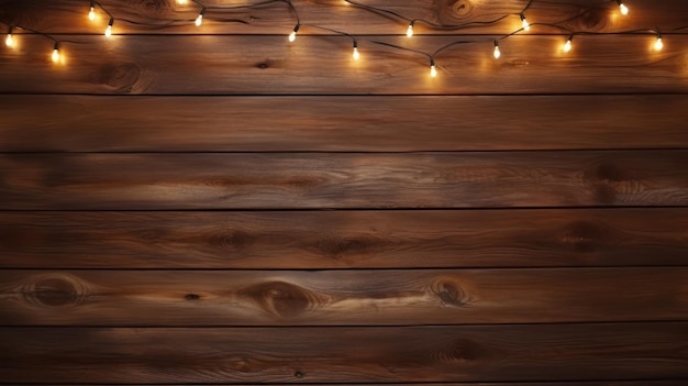 Brown dark wooden background with christmas lights