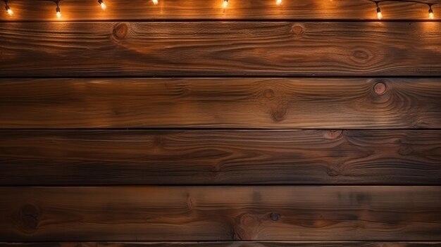 Brown dark wooden background with christmas lights