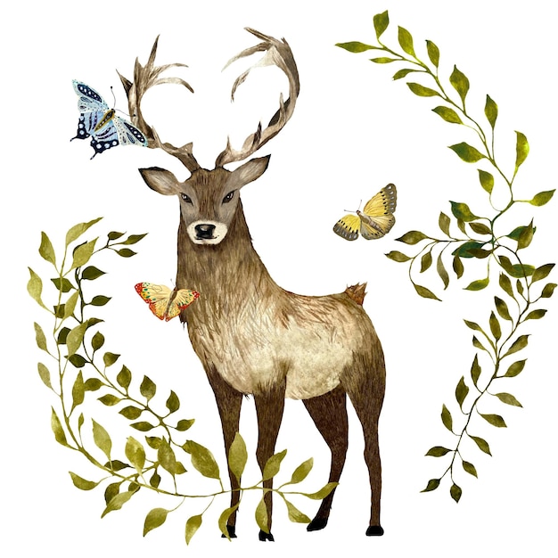 Brown deer with big butterflies and lianas. A watercolor illustration. Isolated on white background.