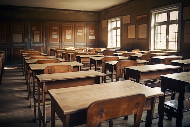 Brown desks on wooden floor retro walls vintage classroom interior image Generative ai